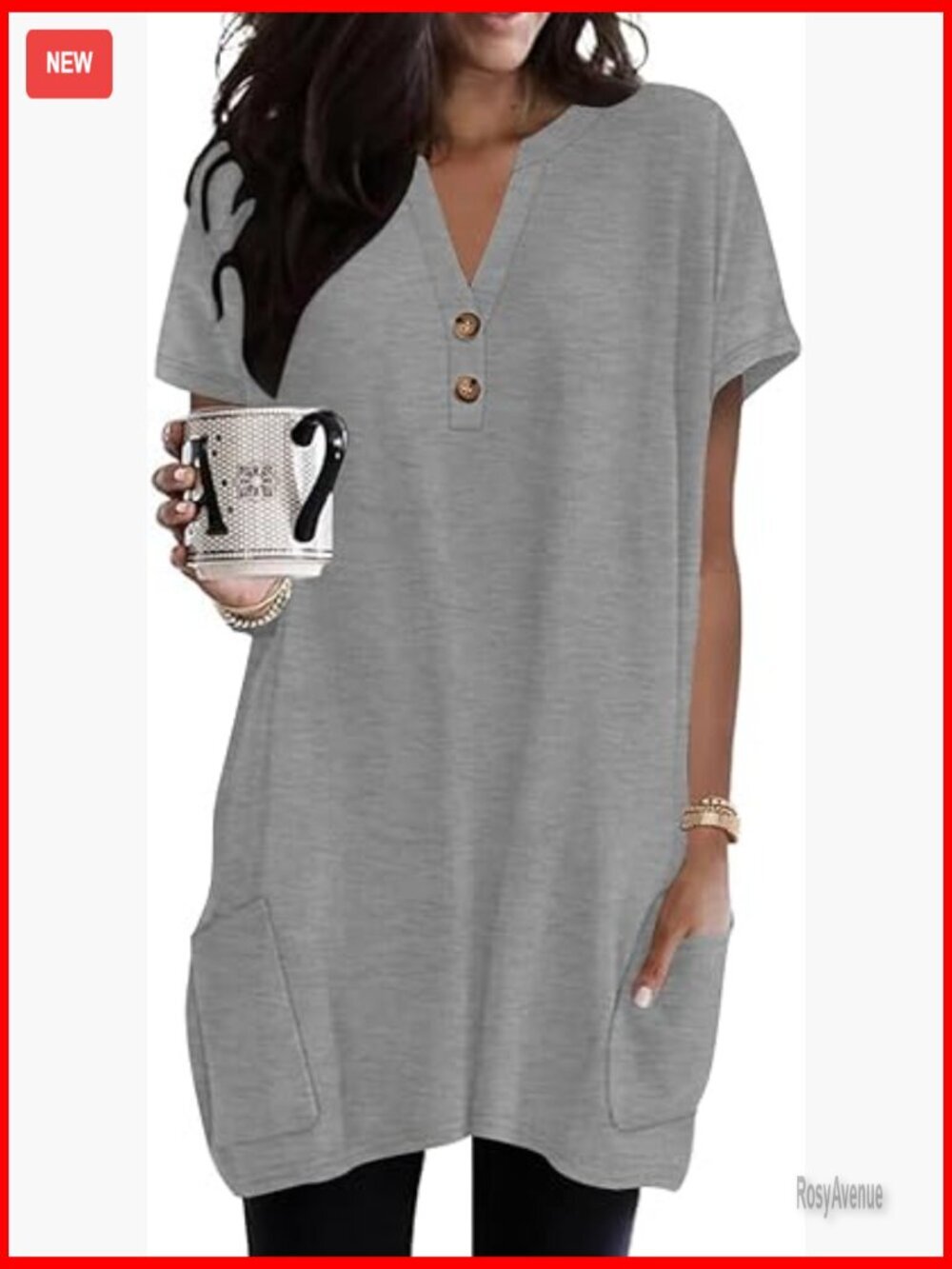 Womens Tunic Top with Pockets Button V Neck Short Sleeve Loose Fit T Shirt S-3XL